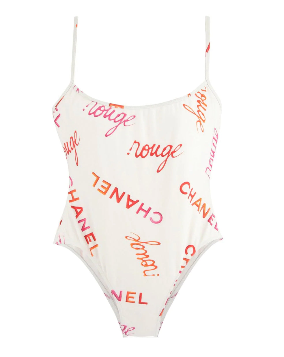 FRUIT Vintage rare Chanel Rouge 1996 Logo text off white one piece swimsuit bodysuit by Karl Lagerfeld. Features a large pink text print and a classic flattering cut with low back.