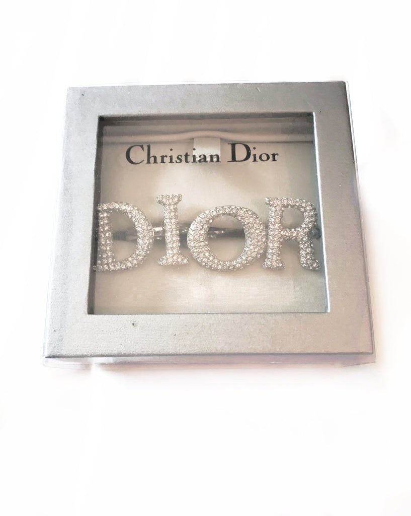 Fruit Vintage large Christian Dior diamonte crystal silver logo ring set as worn by Carrie Bradshaw on Sex and The City and Lady Gaga. Each letter is designed to be worn on a separate finger in the style of knuckle dusters.