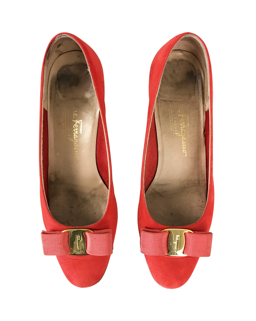 1987 SHOP Vintage Salvatore Ferragamo Red Suede bow Logo Flats shoes