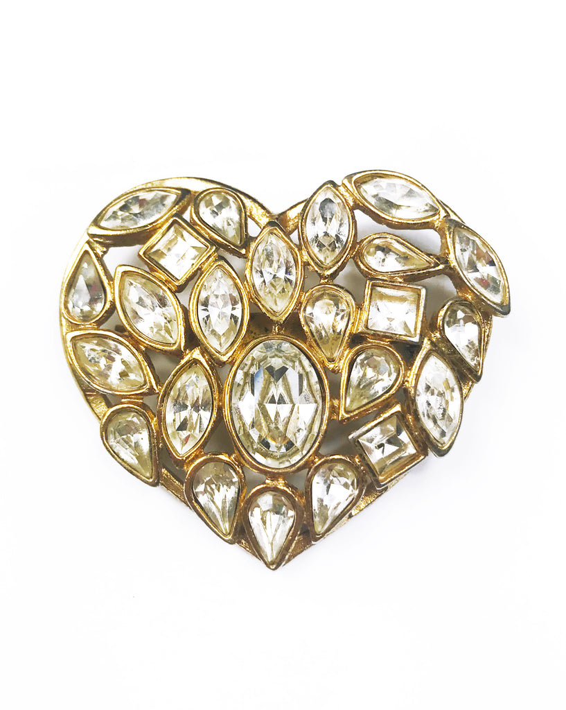 Fruit Vintage Yves Saint Laurent 1980s crystal heart brooch . Featuring in intricate crystal cluster design set in gold plated brass. YSL Pin Logo Rhinstone Diamante Clip.