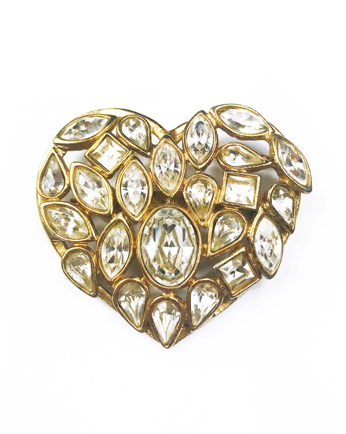 Fruit Vintage Yves Saint Laurent 1980s crystal heart brooch . Featuring in intricate crystal cluster design set in gold plated brass. YSL Pin Logo Rhinstone Diamante Clip.