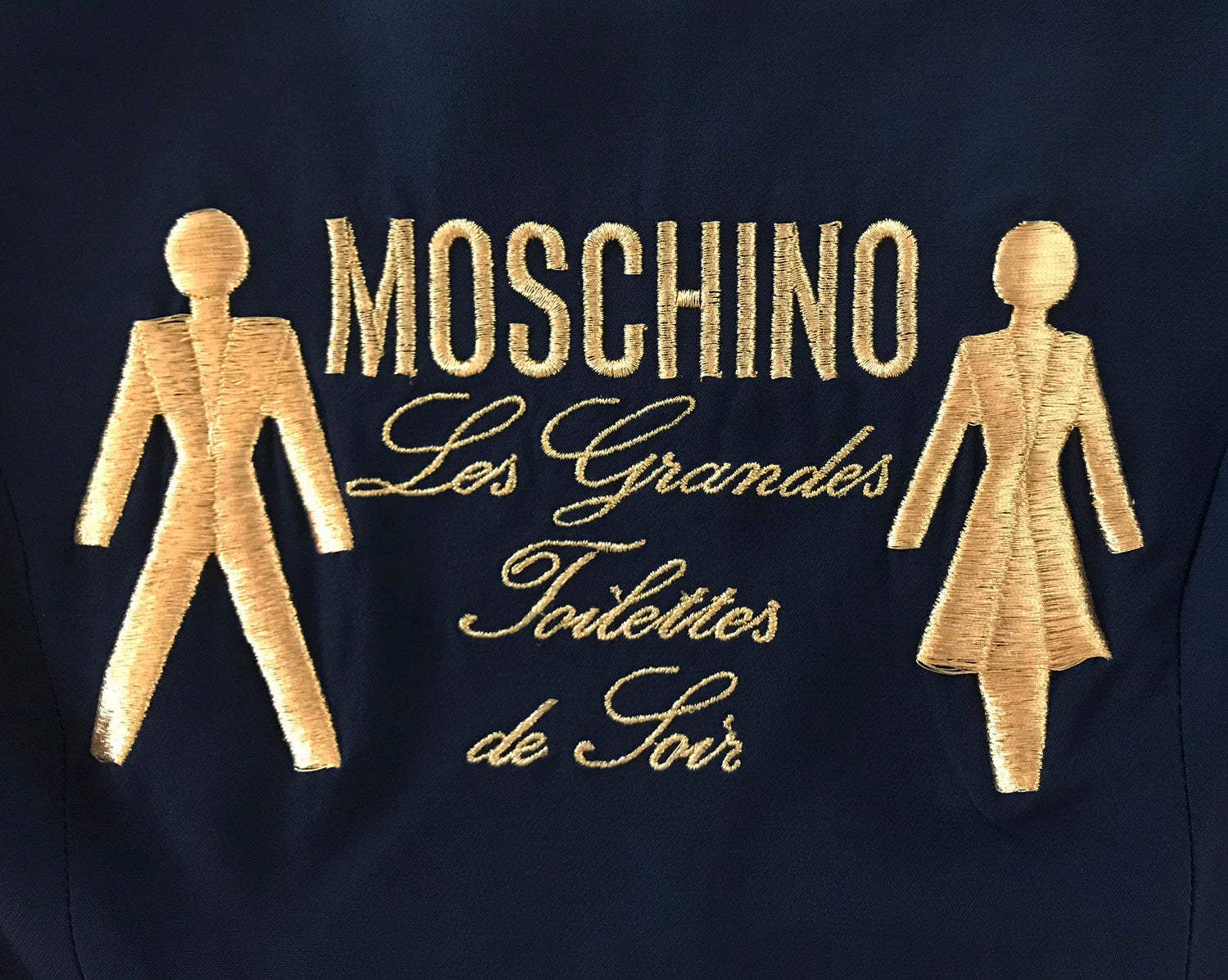 Fruit Vintage Moschino Logo Text Slogan Top Navy Blue Gold Embroidery
