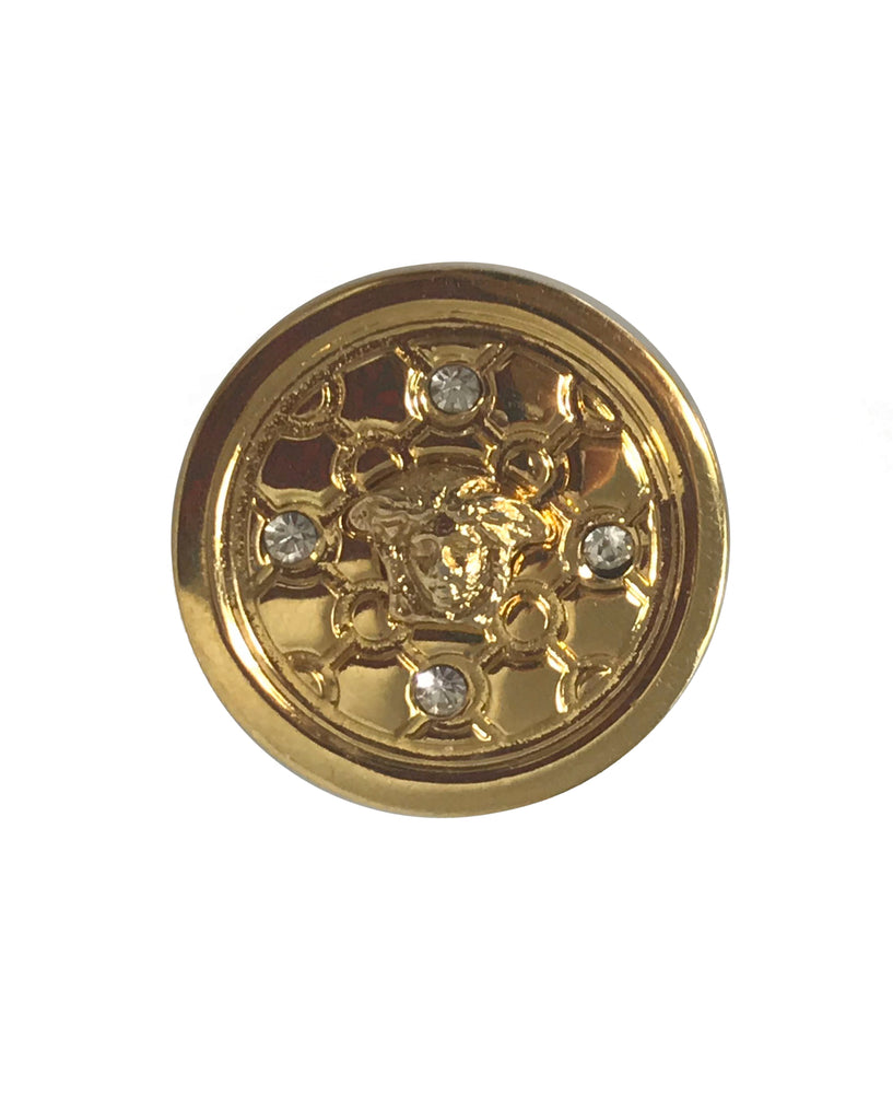 Fruit Vintage Gianni Versace 1980s clip-on coin shaped earrings with small Medusa heads, surrounded by rhinestones.