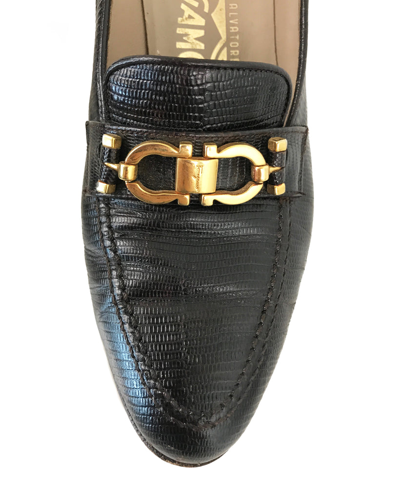 1987 SHOP Vintage Salvatore Ferragamo Lizard Skin Heels logo 1980s brown