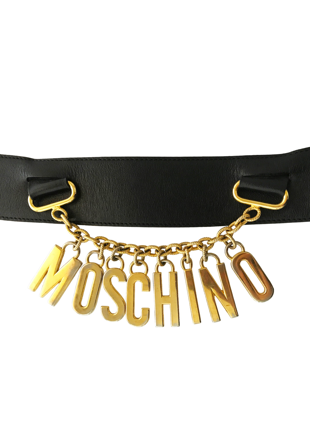 1987 SHOP Vintage Moschino Redwall Gold Logo Chain Drop Black Belt
