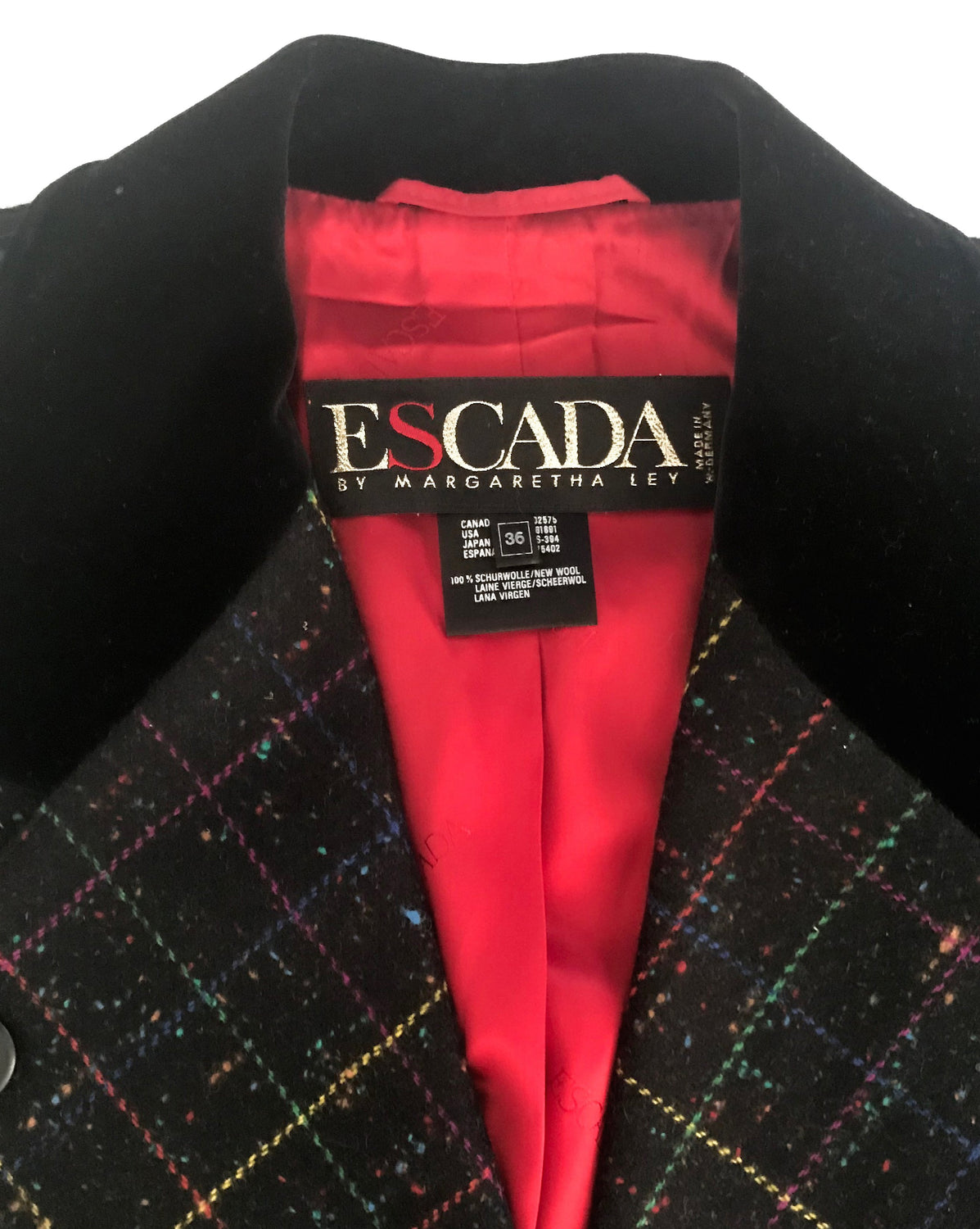 FRUIT Vintage Escada 1980s traditional style wool tweed blazer with standout rainbow checks. Features two front pockets and a classic velvet contrast collar.