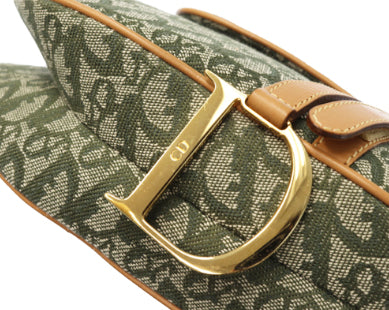 FRUIT vintage a classic Christian Dior by John Galliano khaki trotter/oblique logo monogram canvas saddle bag with tan leather trim.