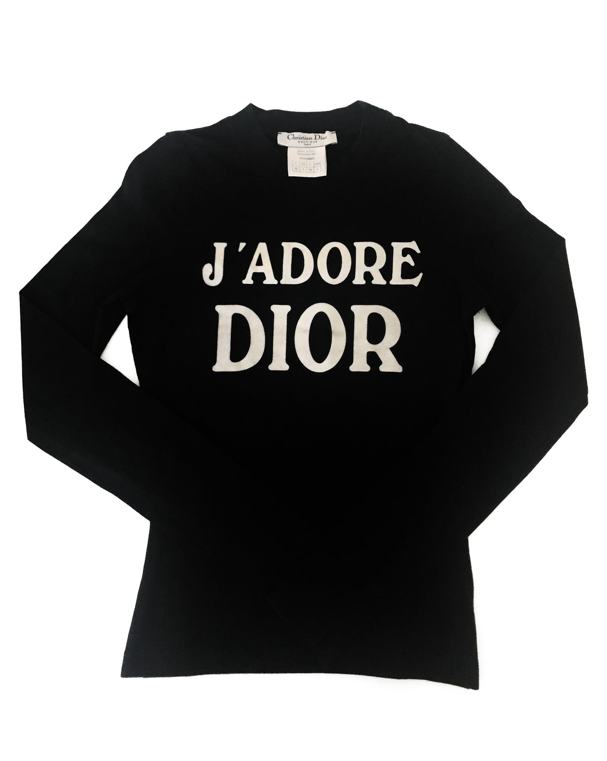 Fruit Vintage Christian Dior Black and White J'adore Dior long sleeve top by John Galliano. Features a classic crew cut and flocked logo print detailing in white front and back, as seen on Sex and the City and Khloe Kardashian.