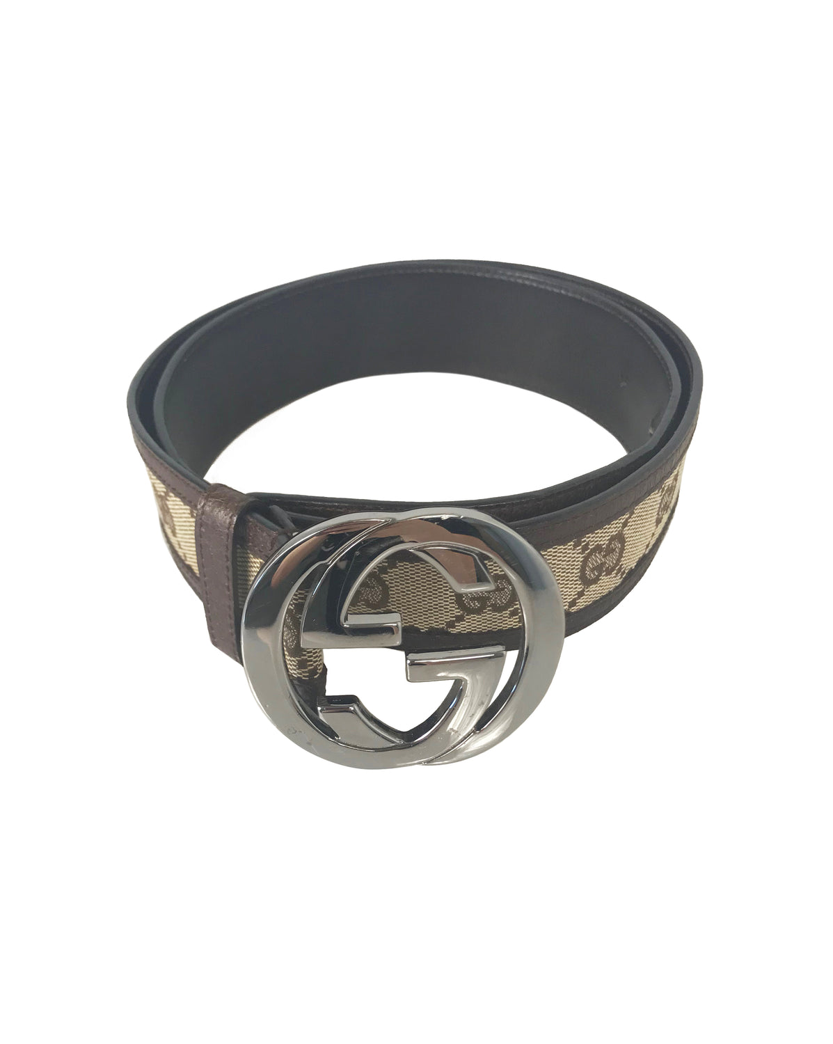 Fruit Vintage Gucci logo belt with gucci monogram canvas inset and brown contrast leather trim and lining and a large Gucci double G buckle at front.