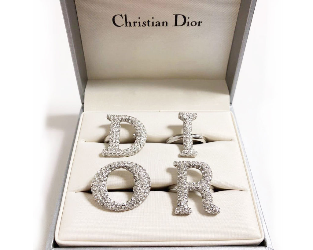 Fruit Vintage large Christian Dior diamonte crystal silver logo ring set as worn by Carrie Bradshaw on Sex and The City and Lady Gaga. Each letter is designed to be worn on a separate finger in the style of knuckle dusters.