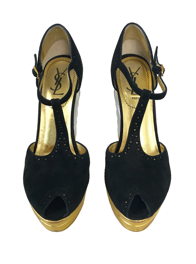 1987 SHOP Vintage Yves Saint Laurent Metallic Disco Wedges shoes gold silver black suede
