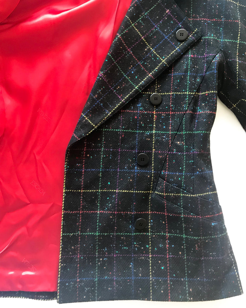 FRUIT Vintage Escada 1980s traditional style wool tweed blazer with standout rainbow checks. Features two front pockets and a classic velvet contrast collar.
