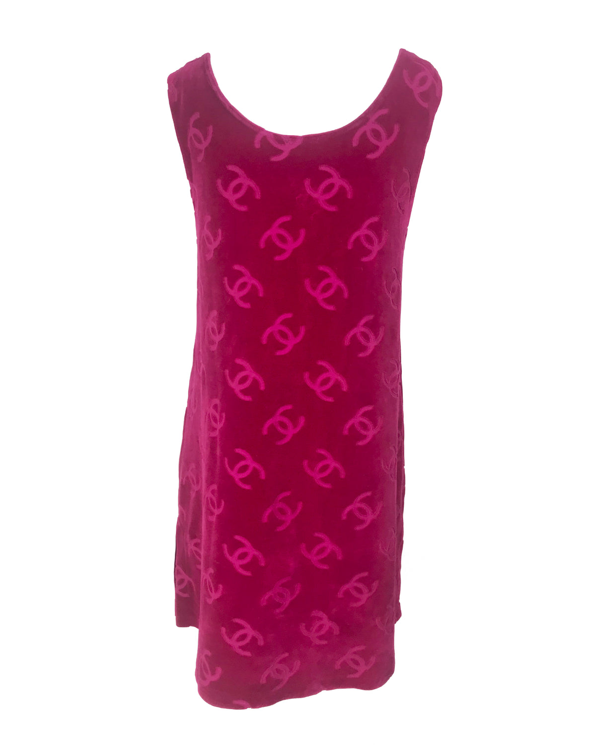 FRUIT Vintage very rare Pink Chanel Logo Velour Tank Dress from the Spring Summer 1996 collection as worn by Kylie Jenner.