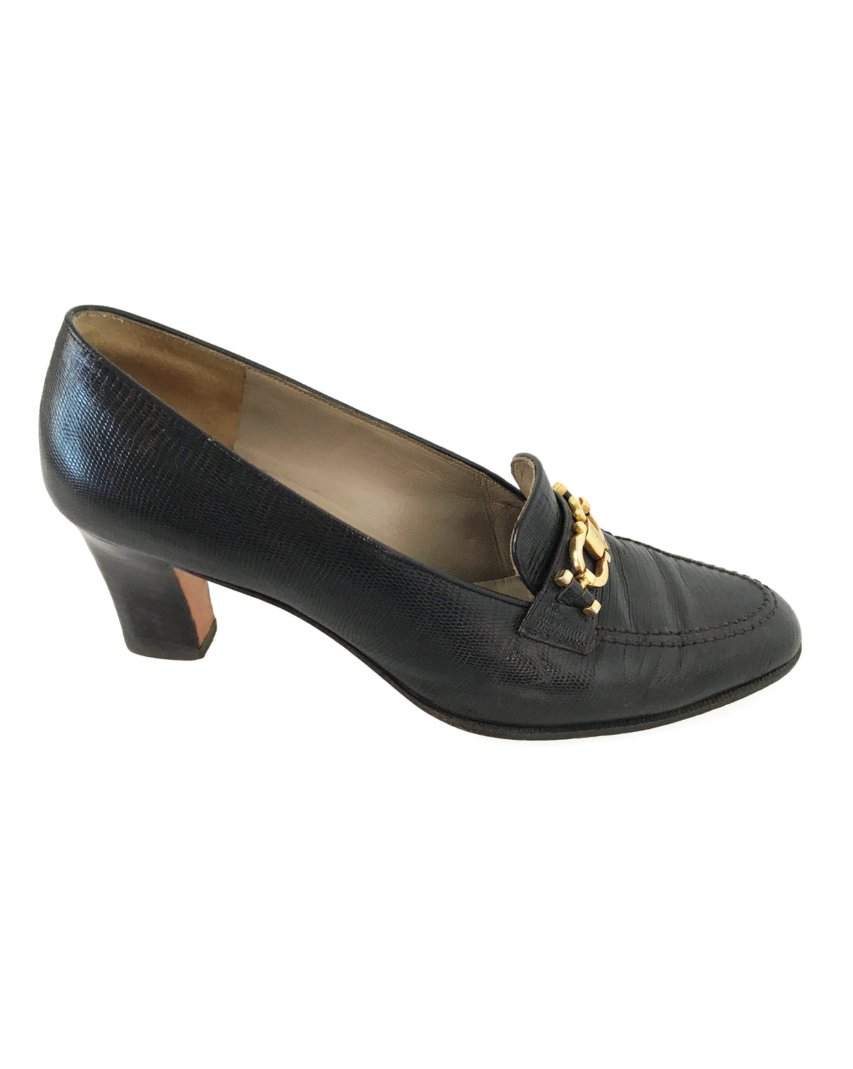 1987 SHOP Vintage Salvatore Ferragamo Lizard Skin Heels logo 1980s brown