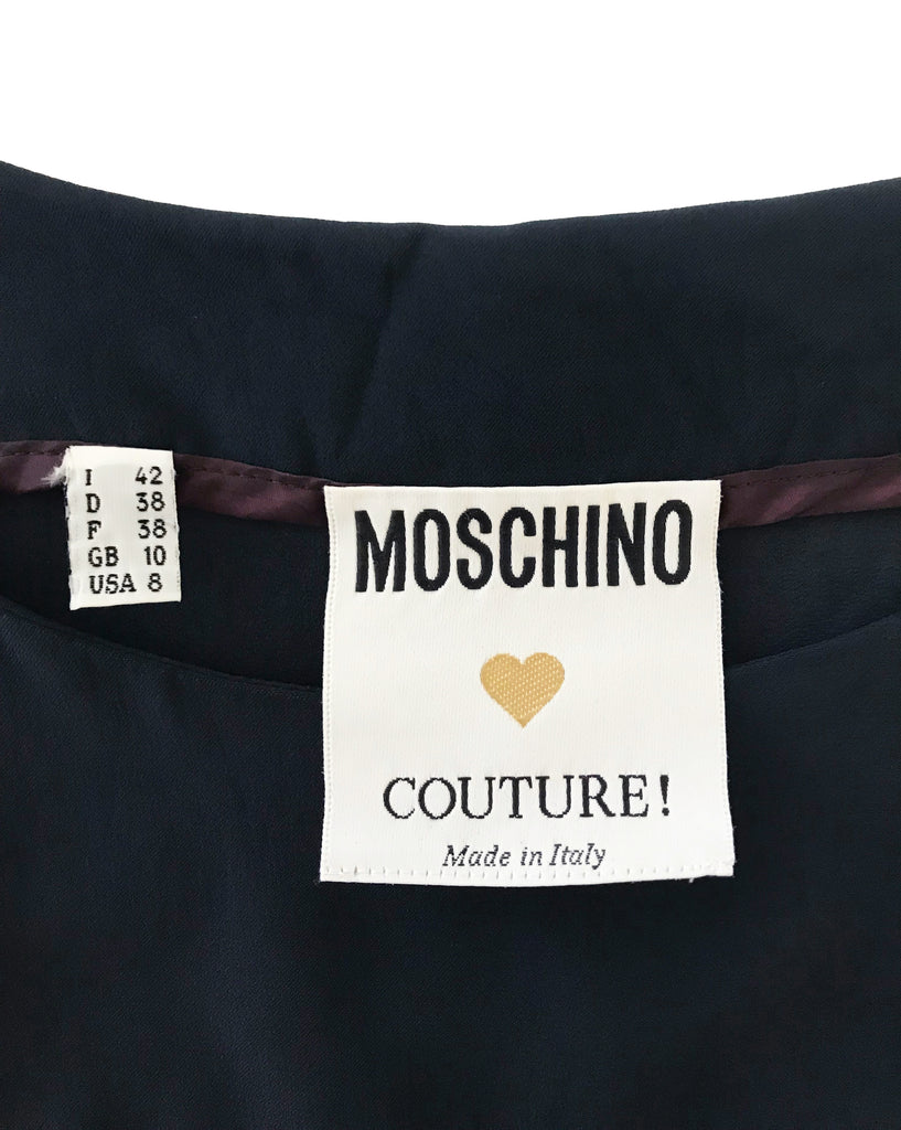 Fruit Vintage Moschino Logo Text Slogan Top Navy Blue Gold Embroidery