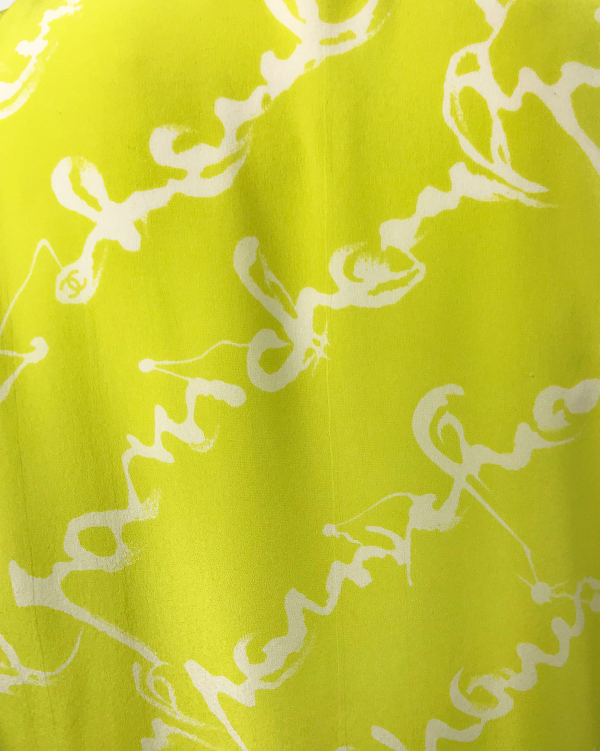 Chanel 1980s Logo Print Chartreuse Silk Blouse