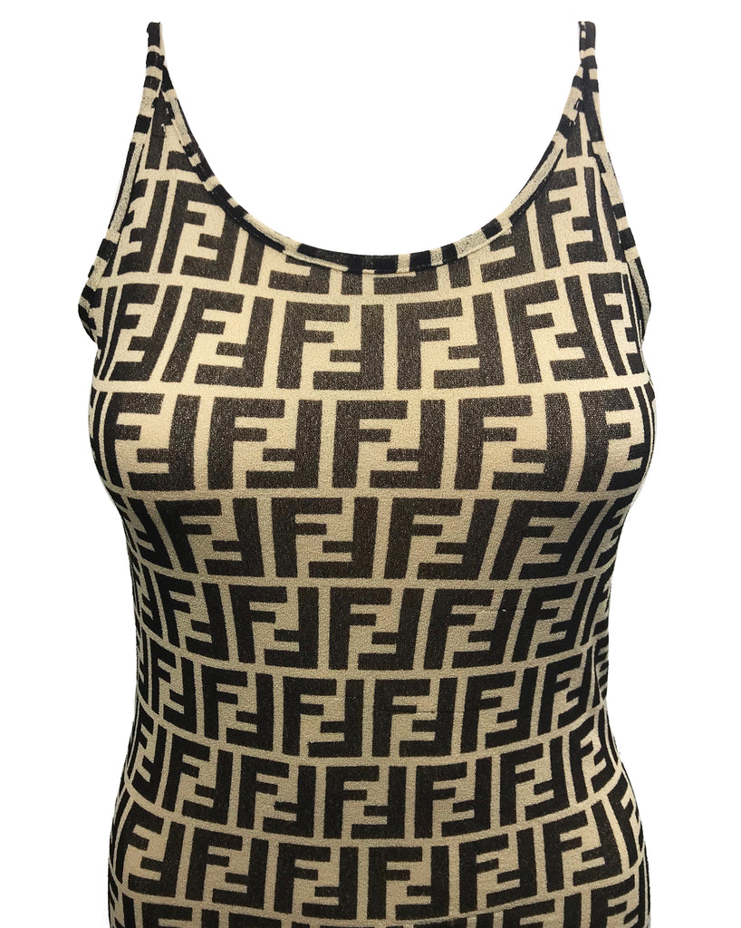 Fruit Vintage Fendi Zucca Print Shift Tank Dress from the 1990s with monogram logo design all over Kylie Jenner fendi dress