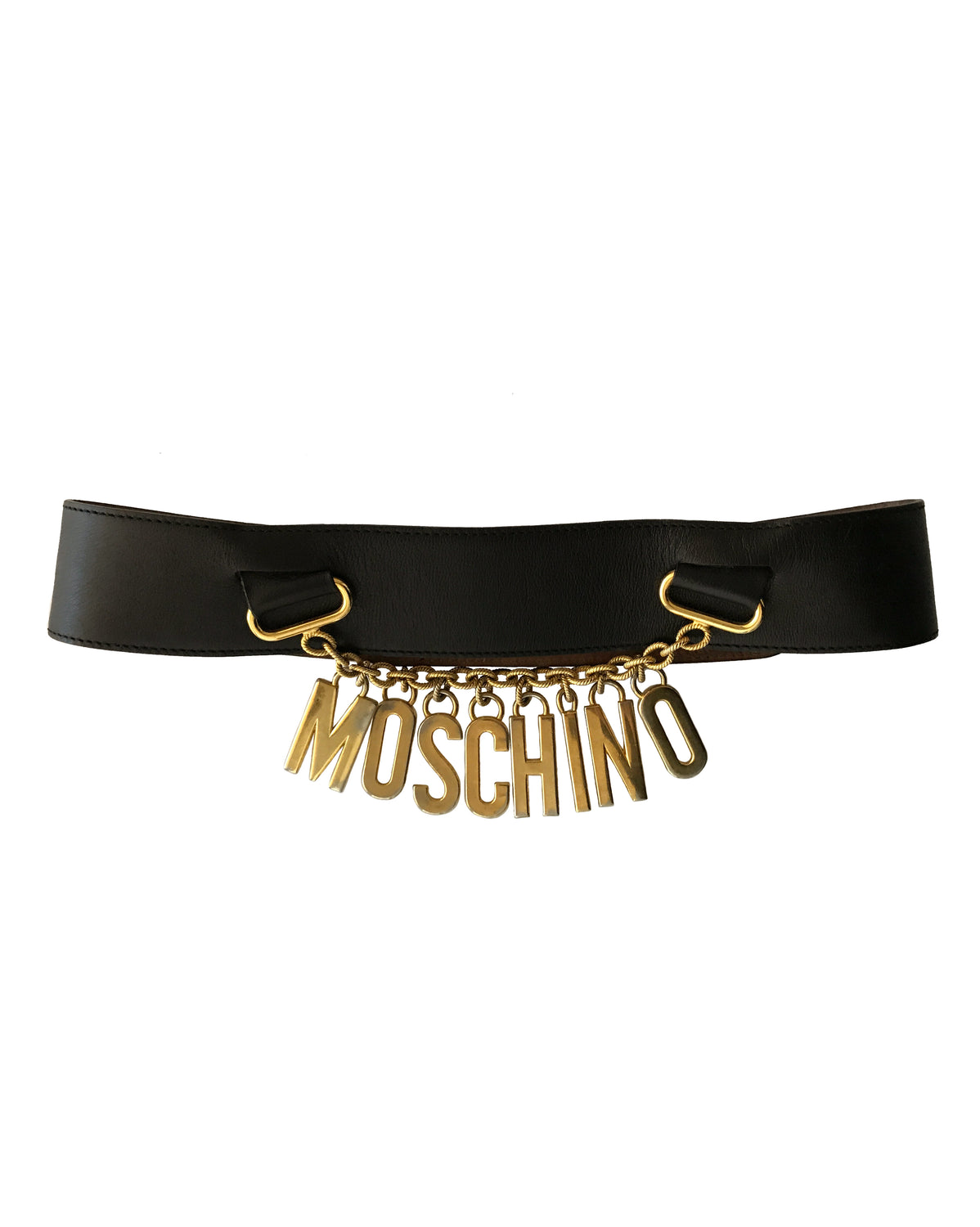 1987 SHOP Vintage Moschino Redwall Gold Logo Chain Drop Black Belt