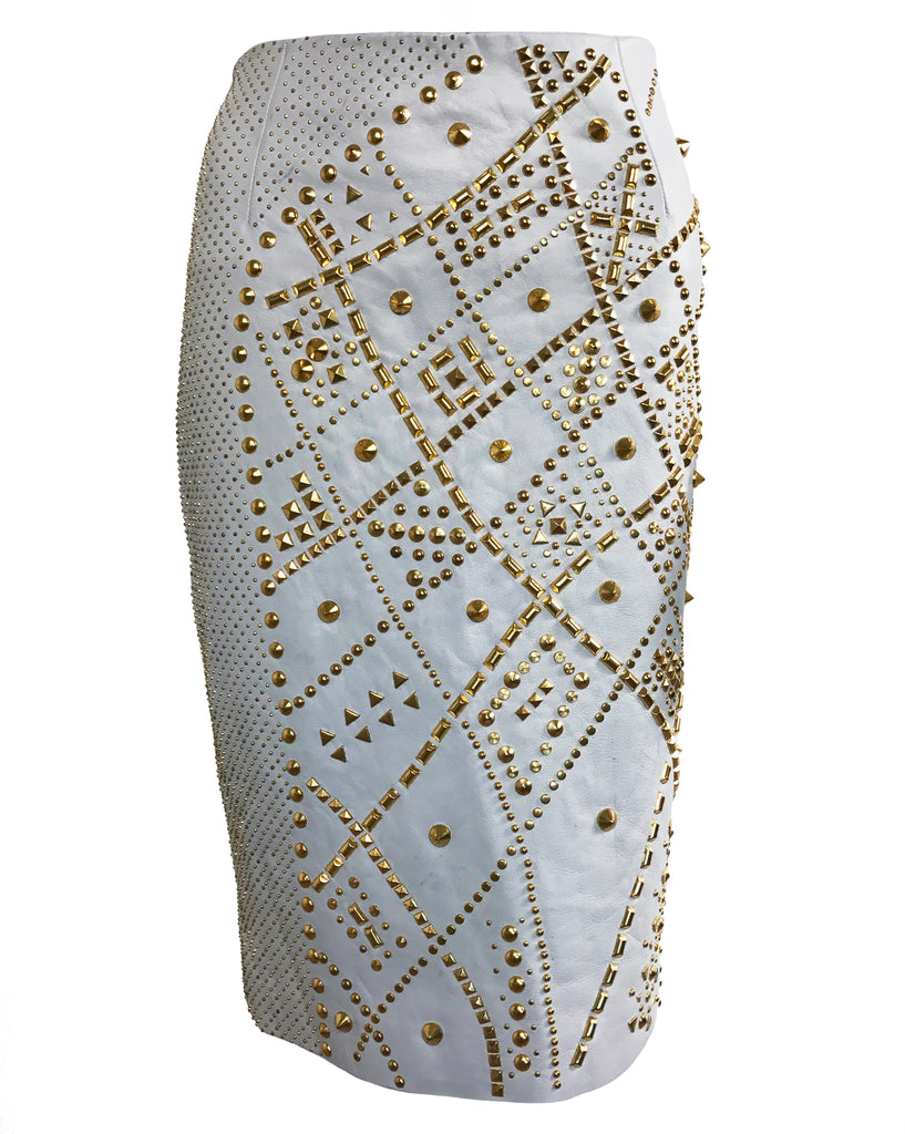 1987 SHOP Vintage Versace 1990s Grey Leather Studded Skirt