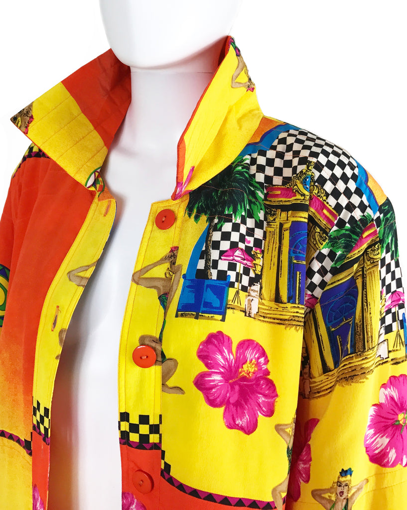 FRUIT Vintage Hawaiian Print Silk 1980s Coat graphic retro