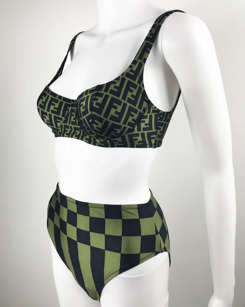 Fruit Vintage Fendi Zucca Logo Monogram Print Bikini Green Two Piece Rare