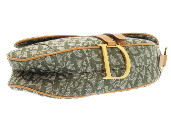 FRUIT vintage a classic Christian Dior by John Galliano khaki trotter/oblique logo monogram canvas saddle bag with tan leather trim.
