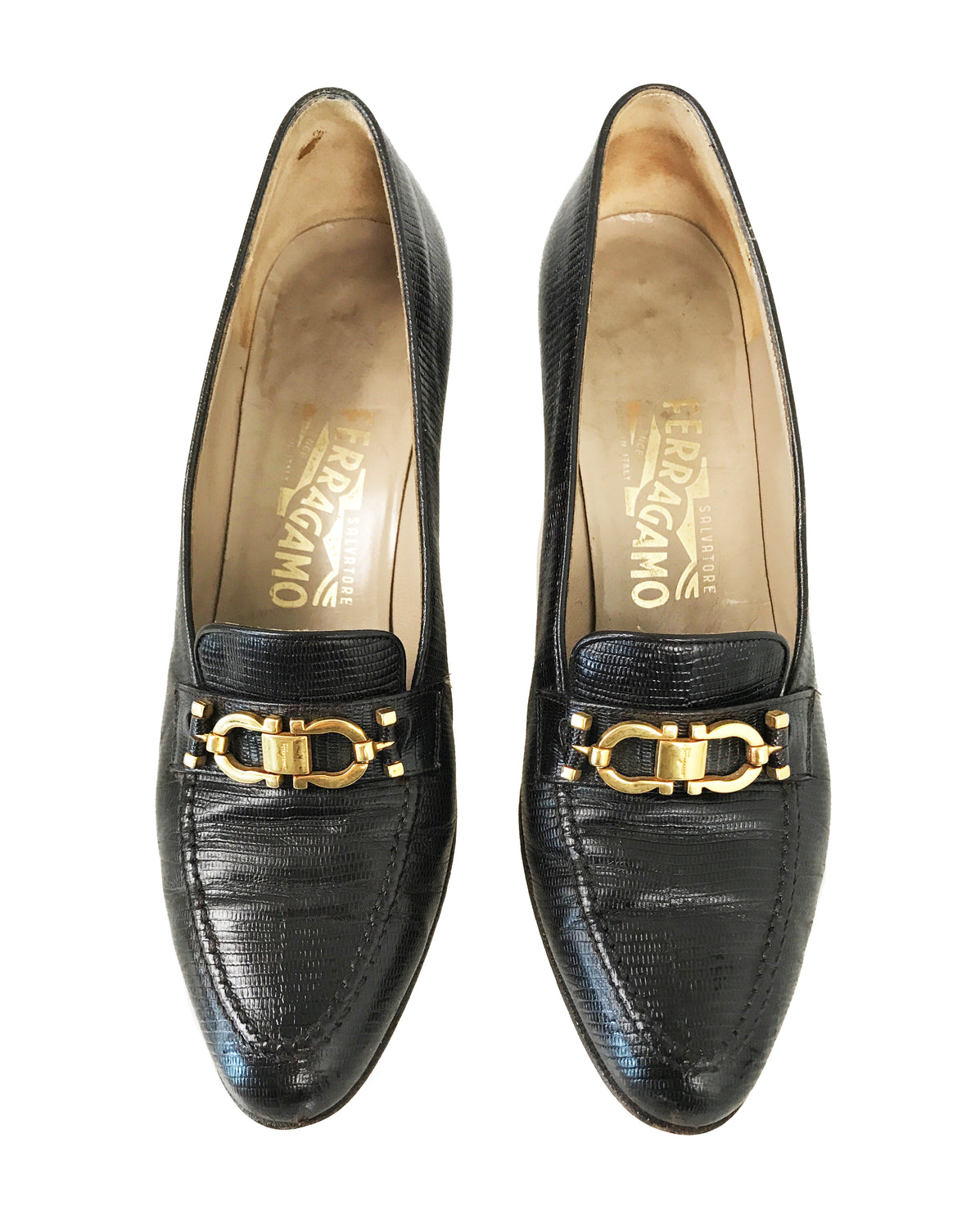 1987 SHOP Vintage Salvatore Ferragamo Lizard Skin Heels logo 1980s brown