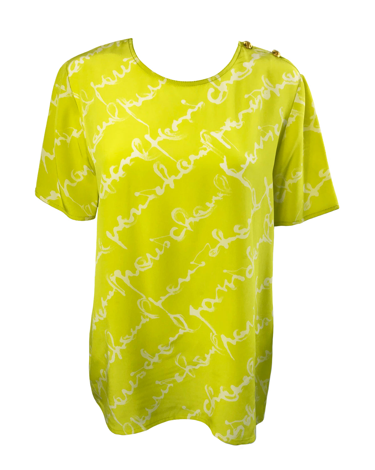 Chanel 1980s Logo Print Chartreuse Silk Blouse