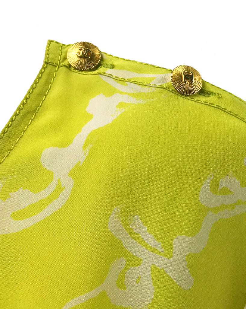 Chanel 1980s Logo Print Chartreuse Silk Blouse