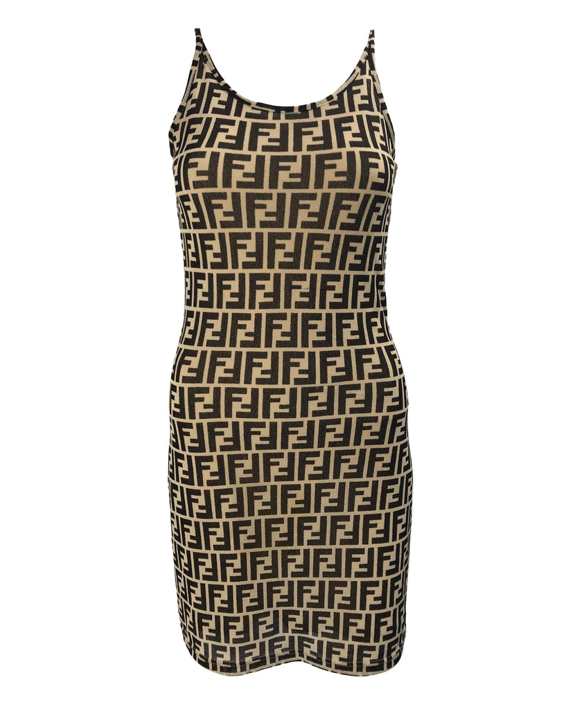 Fruit Vintage Fendi Zucca Print Shift Tank Dress from the 1990s with monogram logo design all over Kylie Jenner fendi dress
