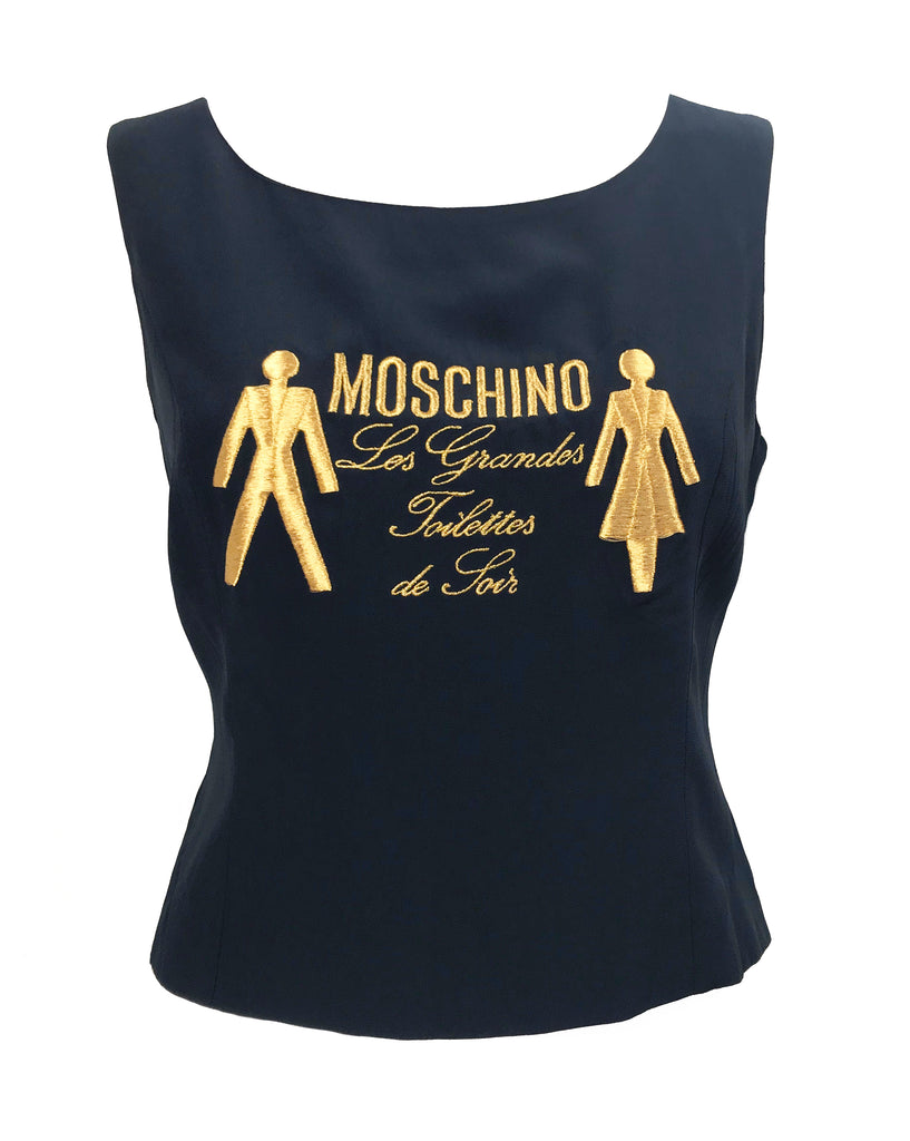 Fruit Vintage Moschino Logo Text Slogan Top Navy Blue Gold Embroidery