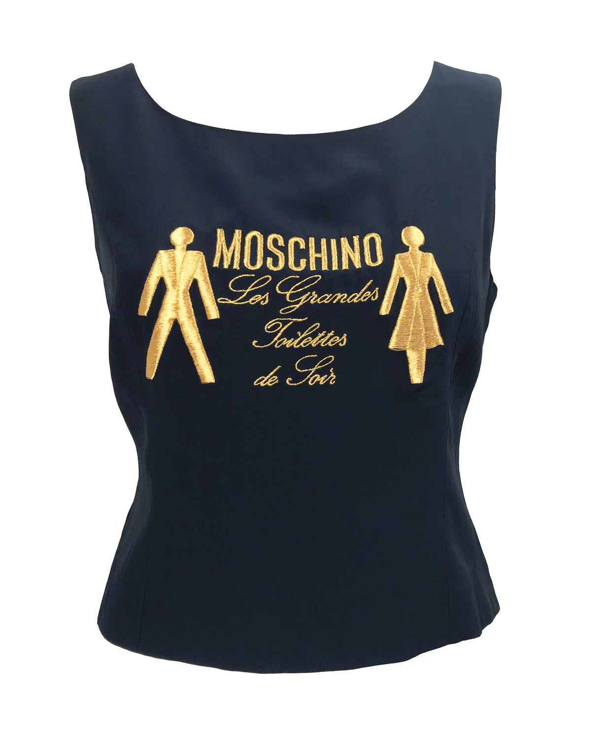 Fruit Vintage Moschino Logo Text Slogan Top Navy Blue Gold Embroidery