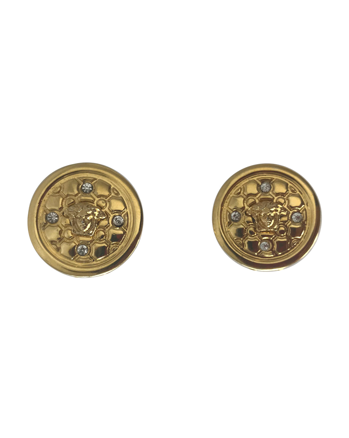 Fruit Vintage Gianni Versace 1980s clip-on coin shaped earrings with small Medusa heads, surrounded by rhinestones.