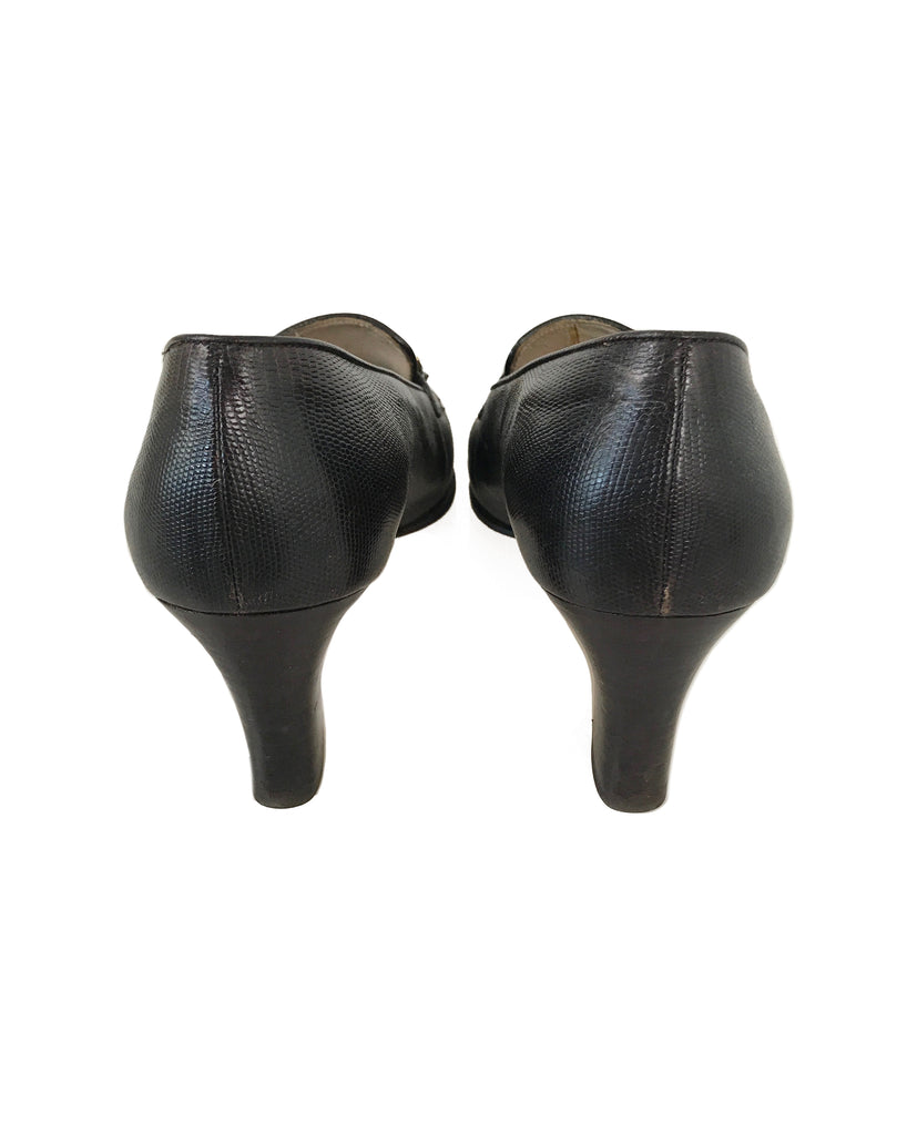 1987 SHOP Vintage Salvatore Ferragamo Lizard Skin Heels logo 1980s brown