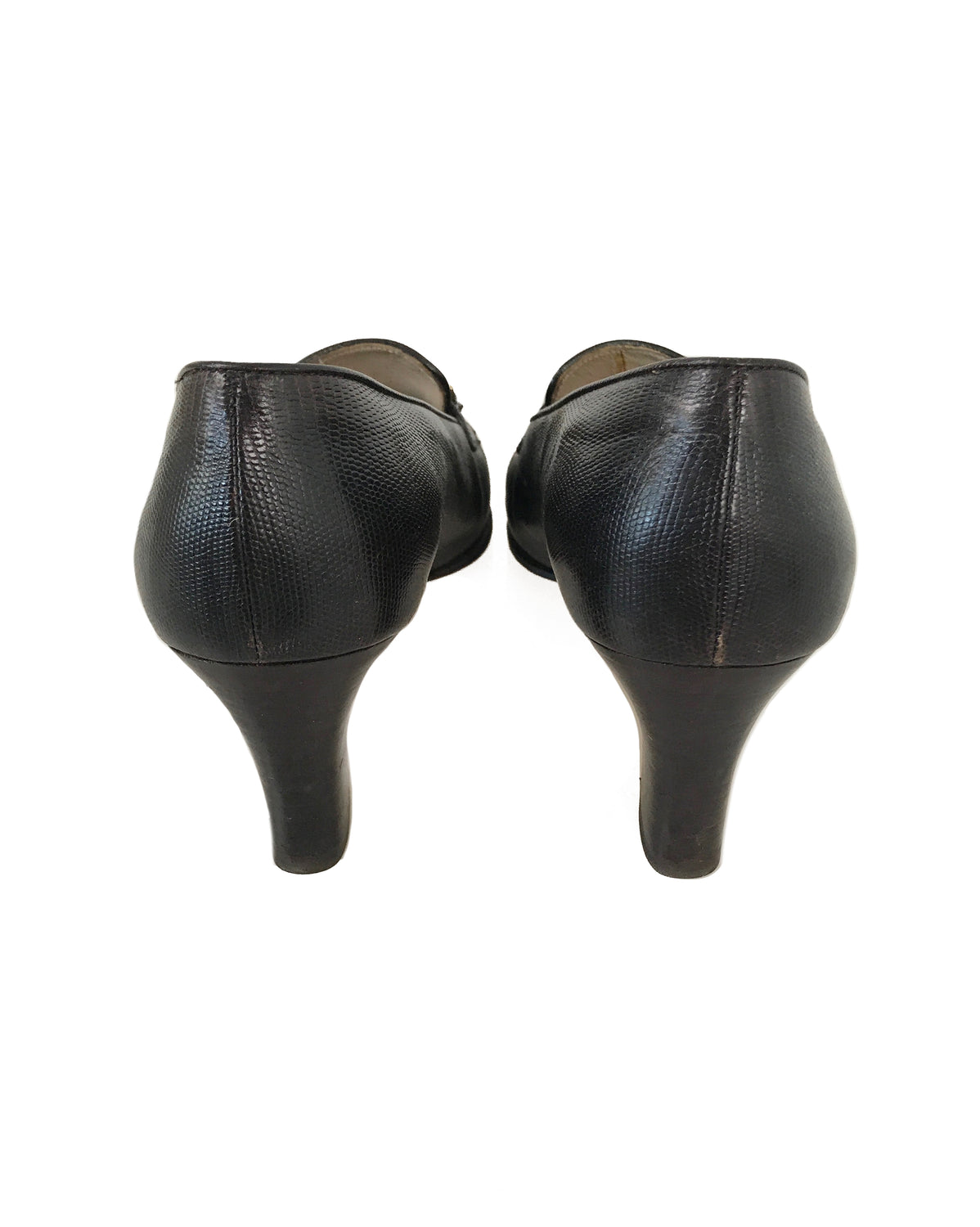1987 SHOP Vintage Salvatore Ferragamo Lizard Skin Heels logo 1980s brown