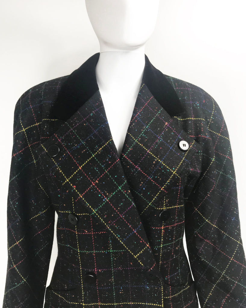 FRUIT Vintage Escada 1980s traditional style wool tweed blazer with standout rainbow checks. Features two front pockets and a classic velvet contrast collar.