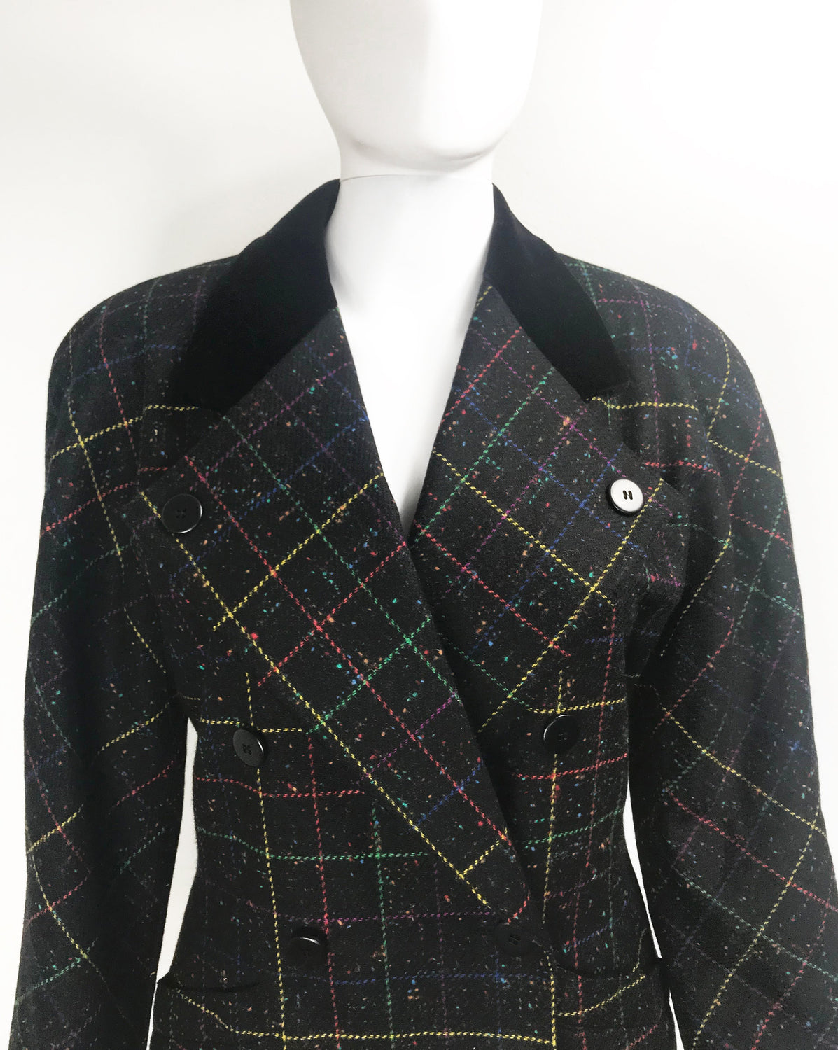 FRUIT Vintage Escada 1980s traditional style wool tweed blazer with standout rainbow checks. Features two front pockets and a classic velvet contrast collar.