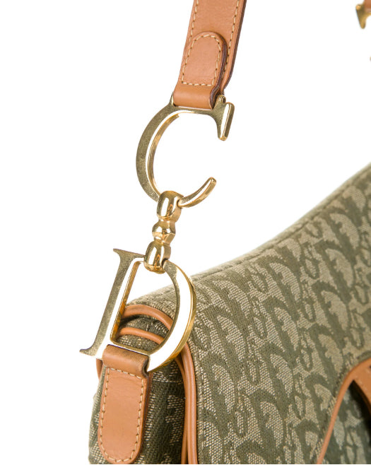 FRUIT vintage a classic Christian Dior by John Galliano khaki trotter/oblique logo monogram canvas saddle bag with tan leather trim.