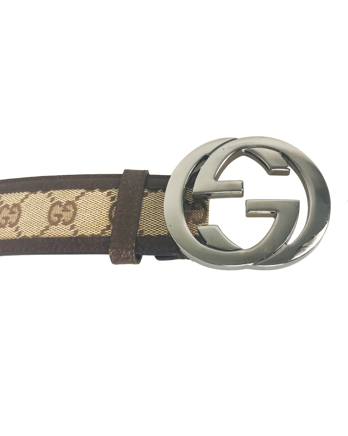 Fruit Vintage Gucci logo belt with gucci monogram canvas inset and brown contrast leather trim and lining and a large Gucci double G buckle at front.