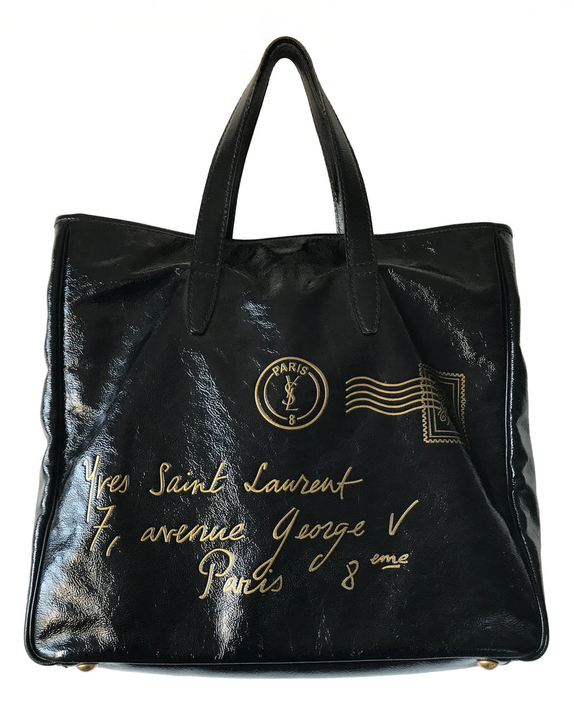1987 SHOP Vintage Yves Saint Laurent black Patent Leather Y-Mail Tote handbag