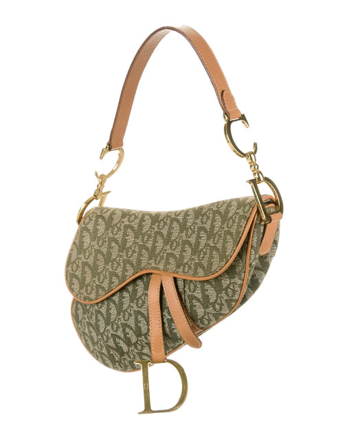 FRUIT vintage a classic Christian Dior by John Galliano khaki trotter/oblique logo monogram canvas saddle bag with tan leather trim.