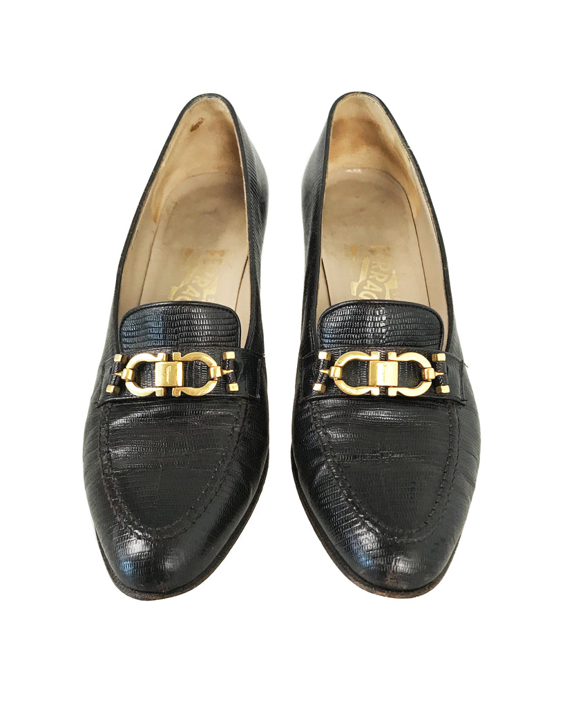 1987 SHOP Vintage Salvatore Ferragamo Lizard Skin Heels logo 1980s brown