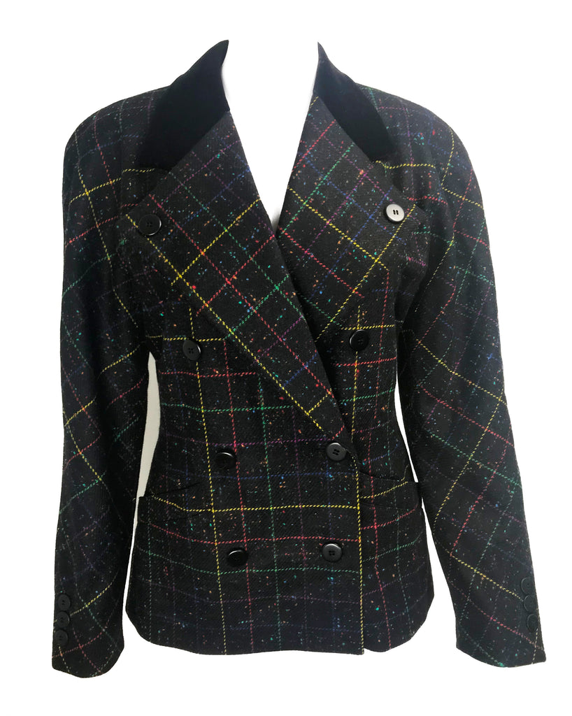 FRUIT Vintage Escada 1980s traditional style wool tweed blazer with standout rainbow checks. Features two front pockets and a classic velvet contrast collar.