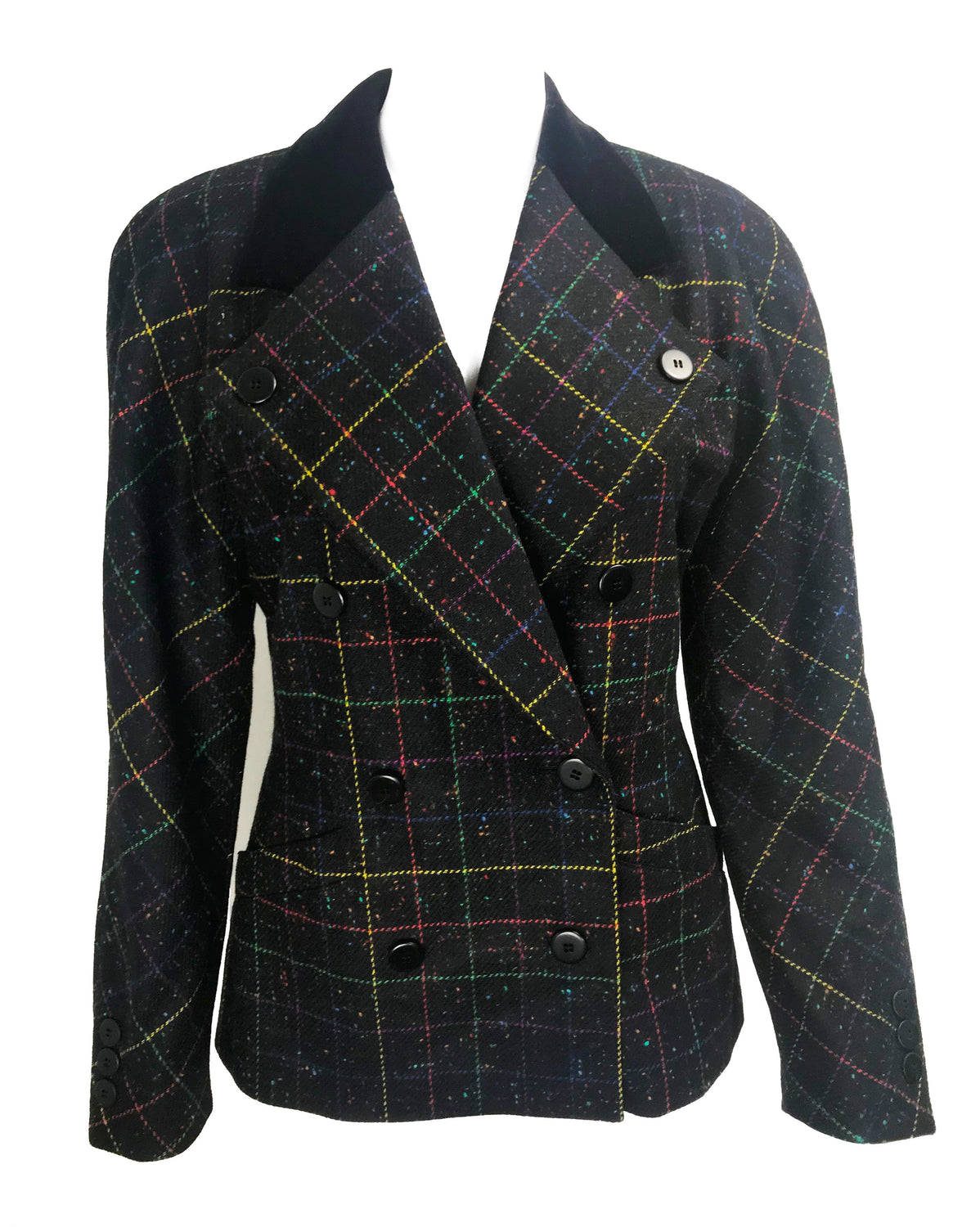FRUIT Vintage Escada 1980s traditional style wool tweed blazer with standout rainbow checks. Features two front pockets and a classic velvet contrast collar.