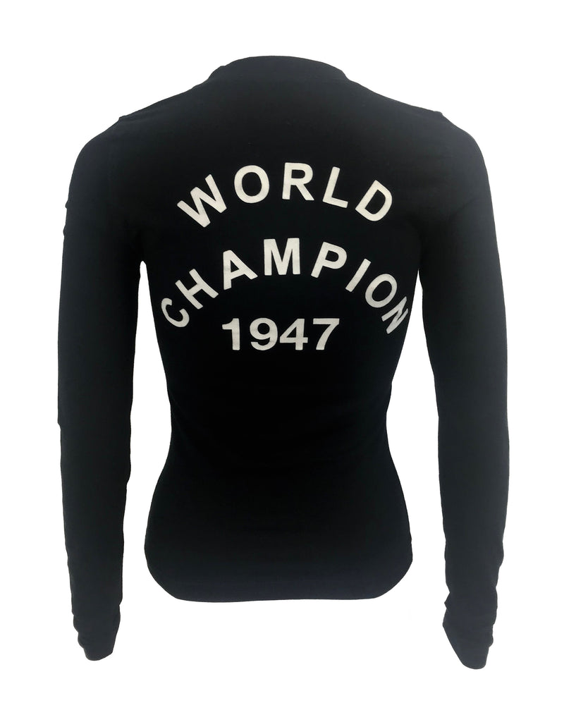 Fruit Vintage Christian Dior Black and White J'adore Dior long sleeve top by John Galliano. Features a classic crew cut and flocked logo print detailing in white front and back, as seen on Sex and the City and Khloe Kardashian.