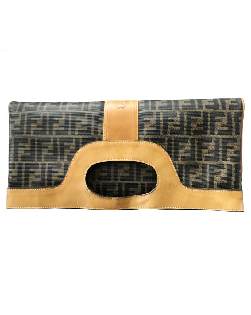 Fendi 1980s Zucca Fold Over Convertible Clutch/Tote Handbag