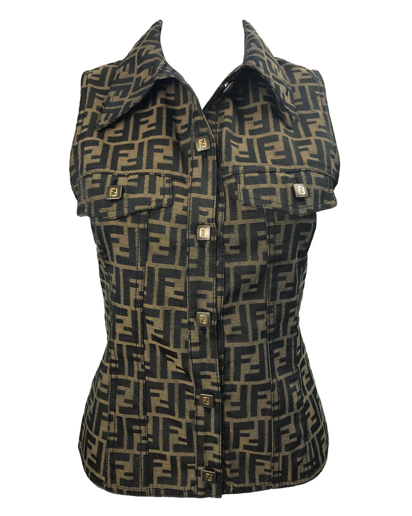 Fruit Vintage Fendi Zucca Monogram Print Jean Vest Jacket
