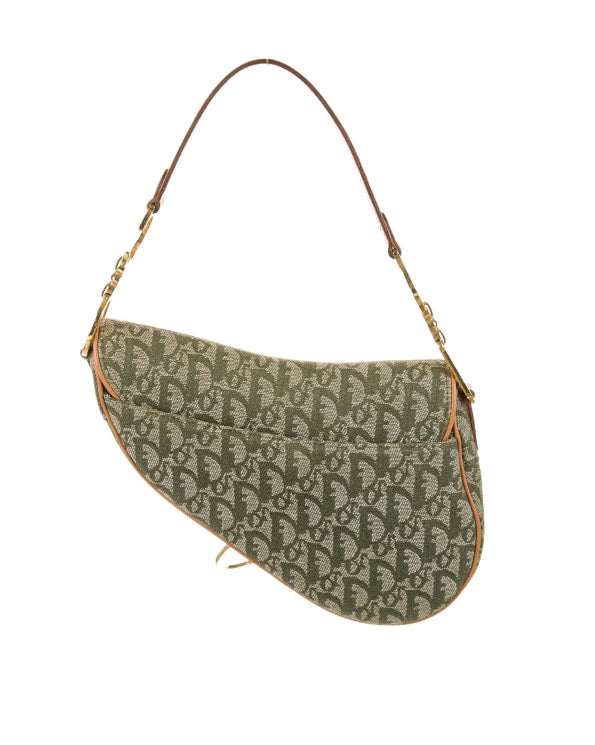 FRUIT vintage a classic Christian Dior by John Galliano khaki trotter/oblique logo monogram canvas saddle bag with tan leather trim.
