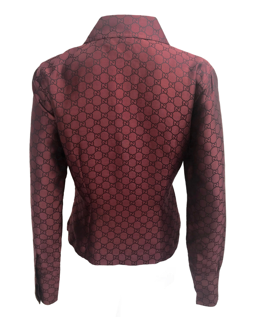 FRUIT vintage Gucci silk shirt designed by Tom Ford dating to the late 1990s. It features a classic Gucci monogram logo print all over in red/black contrast print and a tailored fitted shape.