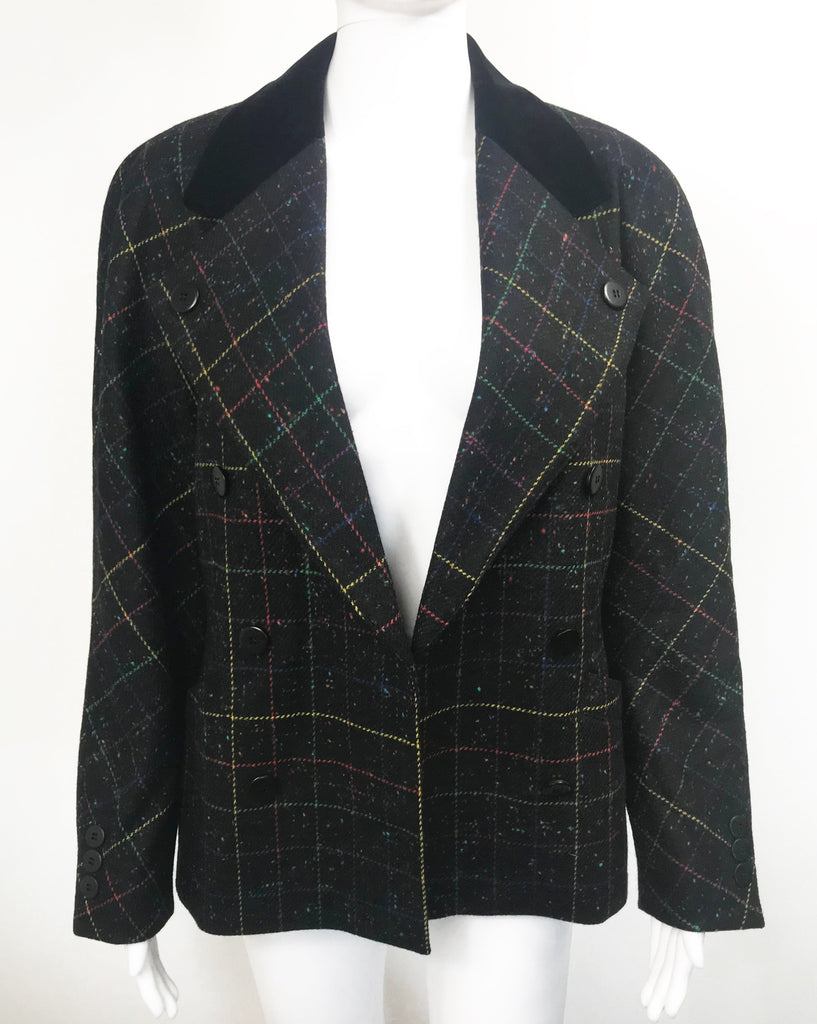 FRUIT Vintage Escada 1980s traditional style wool tweed blazer with standout rainbow checks. Features two front pockets and a classic velvet contrast collar.